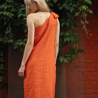 Back view orange linen one shoulder dress