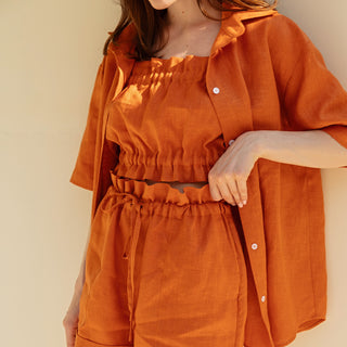 Summer linen oversized shirt with short sleeves