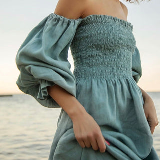 Cyan linen off the shoulder dress