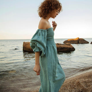 Side view syan linen off the shoulder midi dress