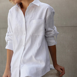 White linen oversized boyfriend shirt for women