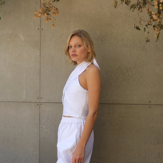 Side view white linen summer top