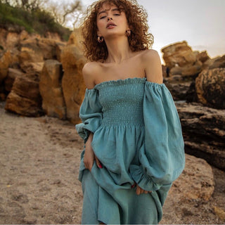 Linen off the shoulder cyan midi dress
