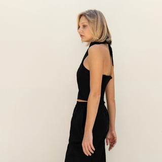 Side view black linen summer blouse
