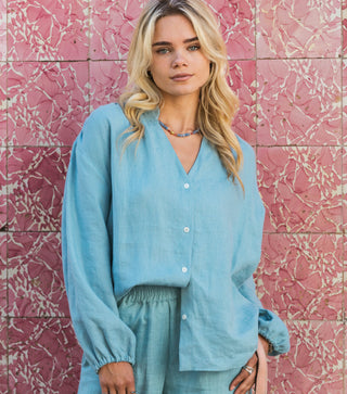 linen women blouse with long sleeves and buttons
