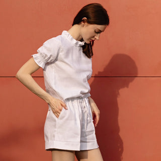 Side view white linen summer top for women