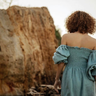 Back view linen off the shoulder dress