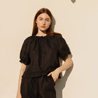 Black linen summer top with open back