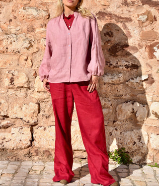 Dark red linen women pants