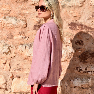 'Petra' Linen Blouse with Long Sleeves and Buttons in Dusty Pink