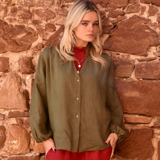 Linen women shirt in khaki green