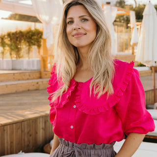 'March" Linen Blouse with Round Oversized Collar in Fuchsia