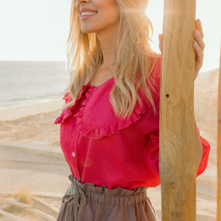 'March" Linen Blouse with Round Oversized Collar in Fuchsia