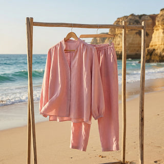 'Petra' Linen Blouse with Long Sleeves and Buttons in Dusty Pink