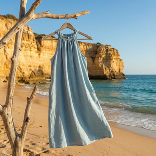'Monaco' Linen Maxi Dress with Halter Neck in Cyan Blue