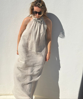 'Monaco' Linen Maxi Dress with Halter Neck in Natural Beige
