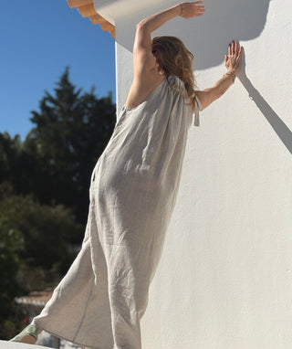 'Monaco' Linen Maxi Dress with Halter Neck in Natural Beige