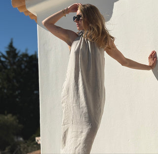 'Monaco' Linen Maxi Dress with Halter Neck in Natural Beige