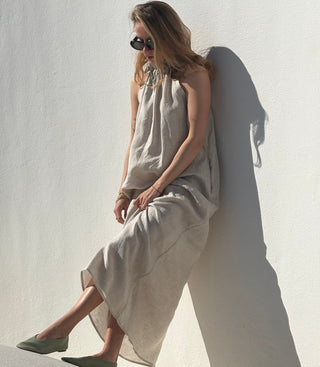 'Monaco' Linen Maxi Dress with Halter Neck in Natural Beige