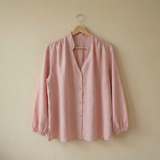 'Petra' Linen Blouse with Long Sleeves and Buttons in Dusty Pink