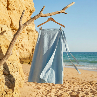 'Tokyo' Classic Linen Wrap Skirt in Cyan Blue