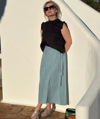 'Tokyo' Classic Linen Wrap Skirt in Cyan Blue