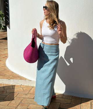 'Tokyo' Classic Linen Wrap Skirt in Cyan Blue