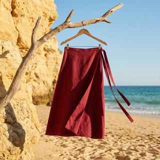 'Tokyo' Classic Linen Wrap Skirt in Sangria Red