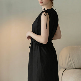 'Alexandra' Linen Midi Dress with Frills in Black