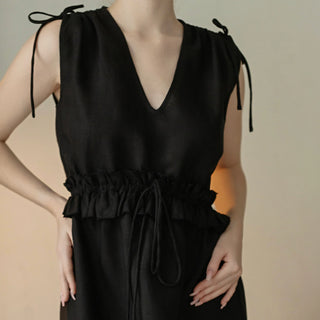 V neck cut details black sleeveless midi dress