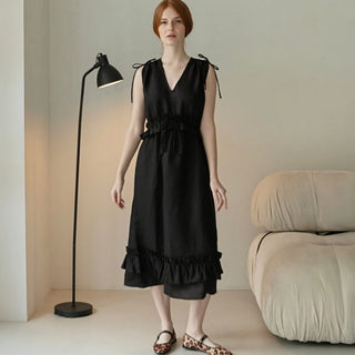 Black linen midi dress with V Neck cut