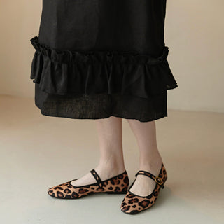 'Alexandra' Linen Midi Dress with Frills in Black