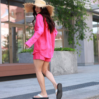 Back view linen oversized fuchsia shirt