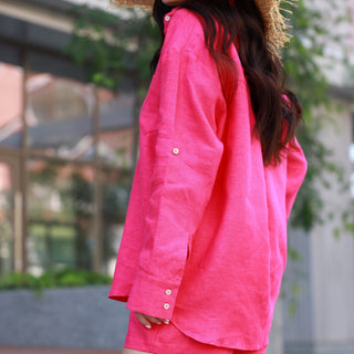 Side view fuchsia linen oversized shirt