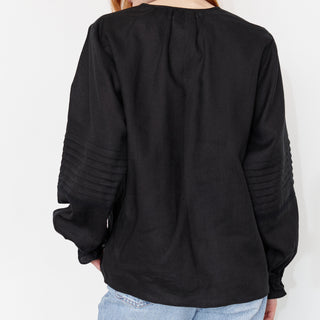 Back view black linen shirt