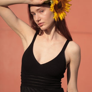 Cotton knitted top details of black linen sundress
