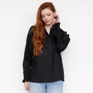 Black linen long sleeve shirt with pleats and lace details