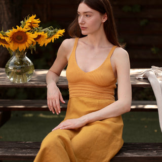 Knitted top details of bias cut linen dress