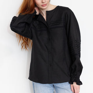 Black linen blouse with lace