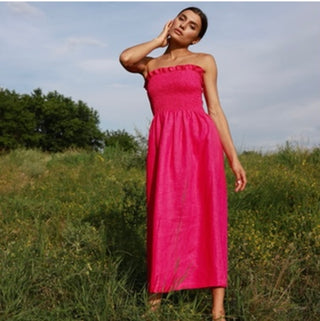 Fuchsia Strapless Linen Midi Dress 'Marrakech'
