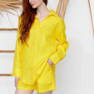 Lemon yellow linen oversized shirt for women
