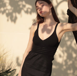 Cotton knitted top details of black linen sundress
