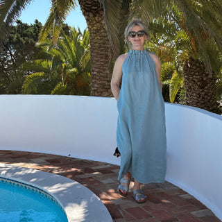 'Monaco' Linen Maxi Dress with Halter Neck in Cyan Blue