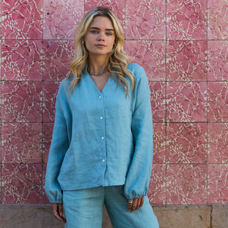 Linen blouse with buttons in cyan