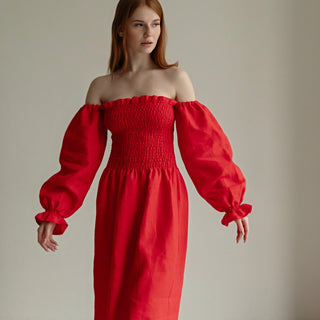'Odesa' Linen Off The Shoulder Dress in Red