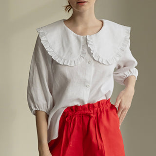 'March" Linen Shirt with Round Oversized Collar in White