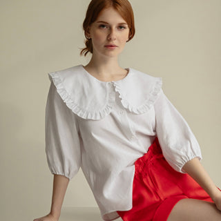'March" Linen Shirt with Round Oversized Collar in White