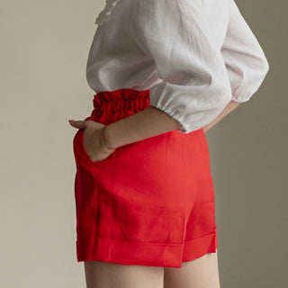 'September' Linen Paperbag Shorts with Pockets in Red