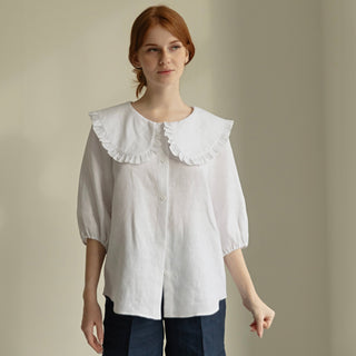 'March" Linen Shirt with Round Oversized Collar in White