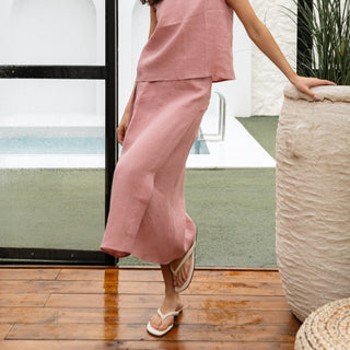 'Tokyo' Classic Linen Wrap Skirt in Dusty Pink